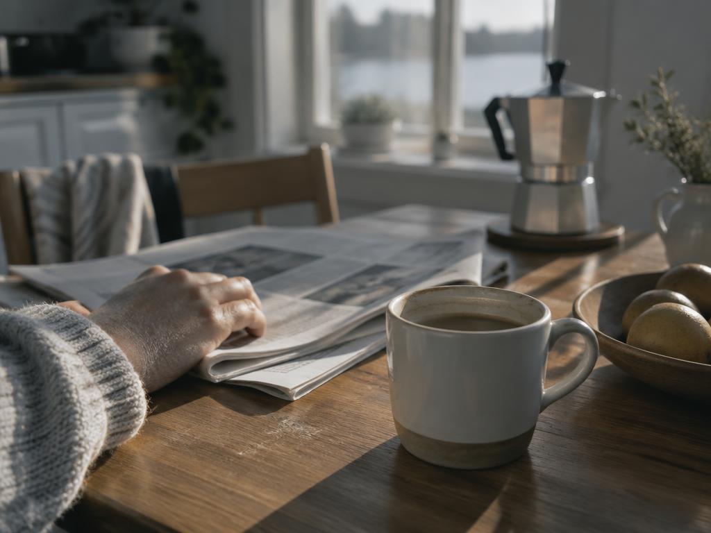 Morning light on a kitchen table with coffee and a newspaper