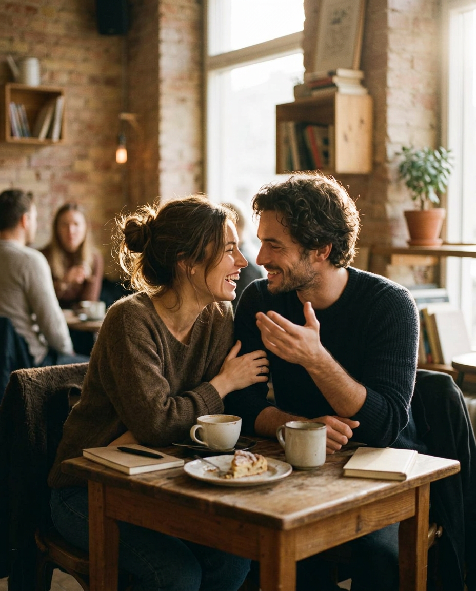Two partners sitting close together, laughing over coffee in warm morning light