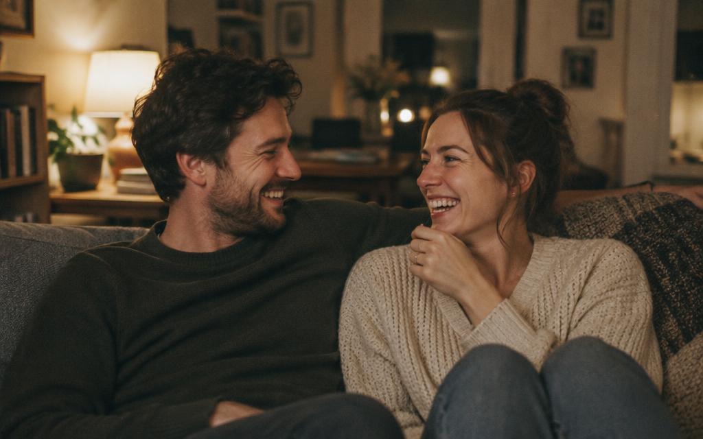 A couple laughing together on a sofa in warm evening light